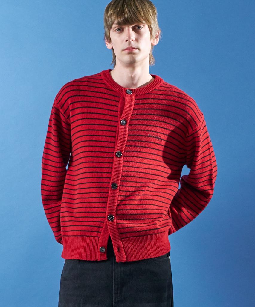 MOONSUN M.C Unisex, Stripe Wool Knit Cardigan / Deep Red