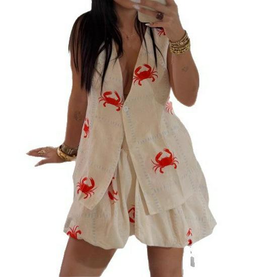 European Style Women s Crab Print Casual Cardigan & Shorts Two-Piece Set S