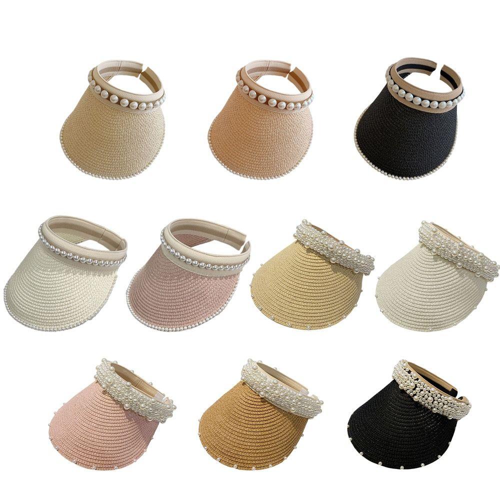 Wide Brim Sun Hat Pearl Decorated Straw Hat Imitation Pearl Beach Hat  UV Protection