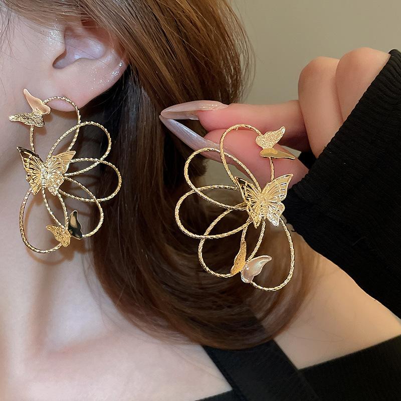 Metallic line flower butterfly silver needle stud earrings temperament geometric earrings