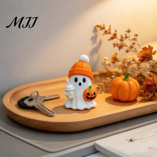 Mini Ghost Statue 3D Printed Cute Figurine with Pumpkin Milk Tea, Orange Small Desktop Ornaments Beanie Halloween Desk Ornaments, Funny Holiday