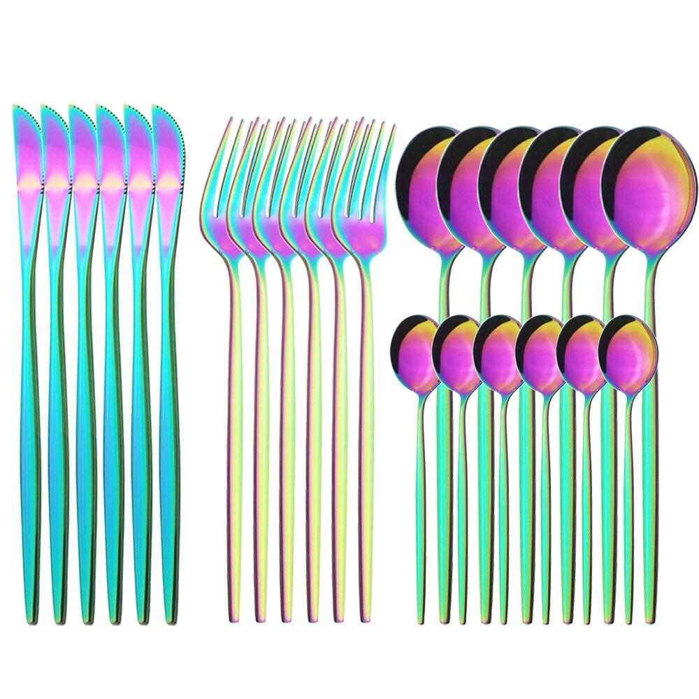 Purple Stainless Steel Cutlery Set 24pc For 6 Flatware Knife Fork Coffee Spoons Tableware Suit Household Kitchen Dinnerware Set