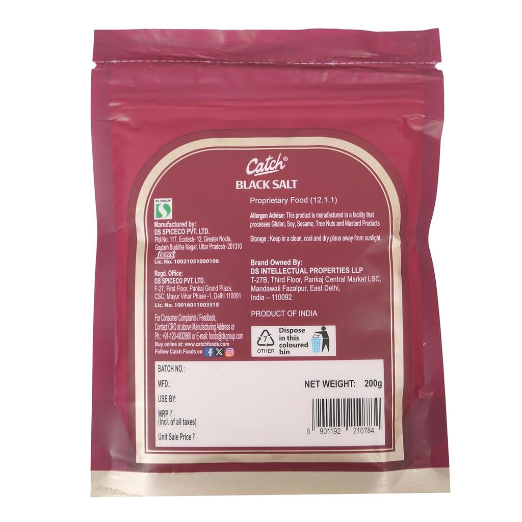 Catch Black Salt 200 Gm Pack of 1 Fine Kala Namak for Salads, Fruit Chaat, Curd, and Snacks Flavor Enhancer