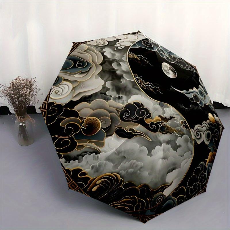 1 Stück Yin Yang Wolken Automatischer Faltregenschirm, Stabiles 8-Rippen-Dach, Tragbarer Reise-Regenschirm für den Außenbereich