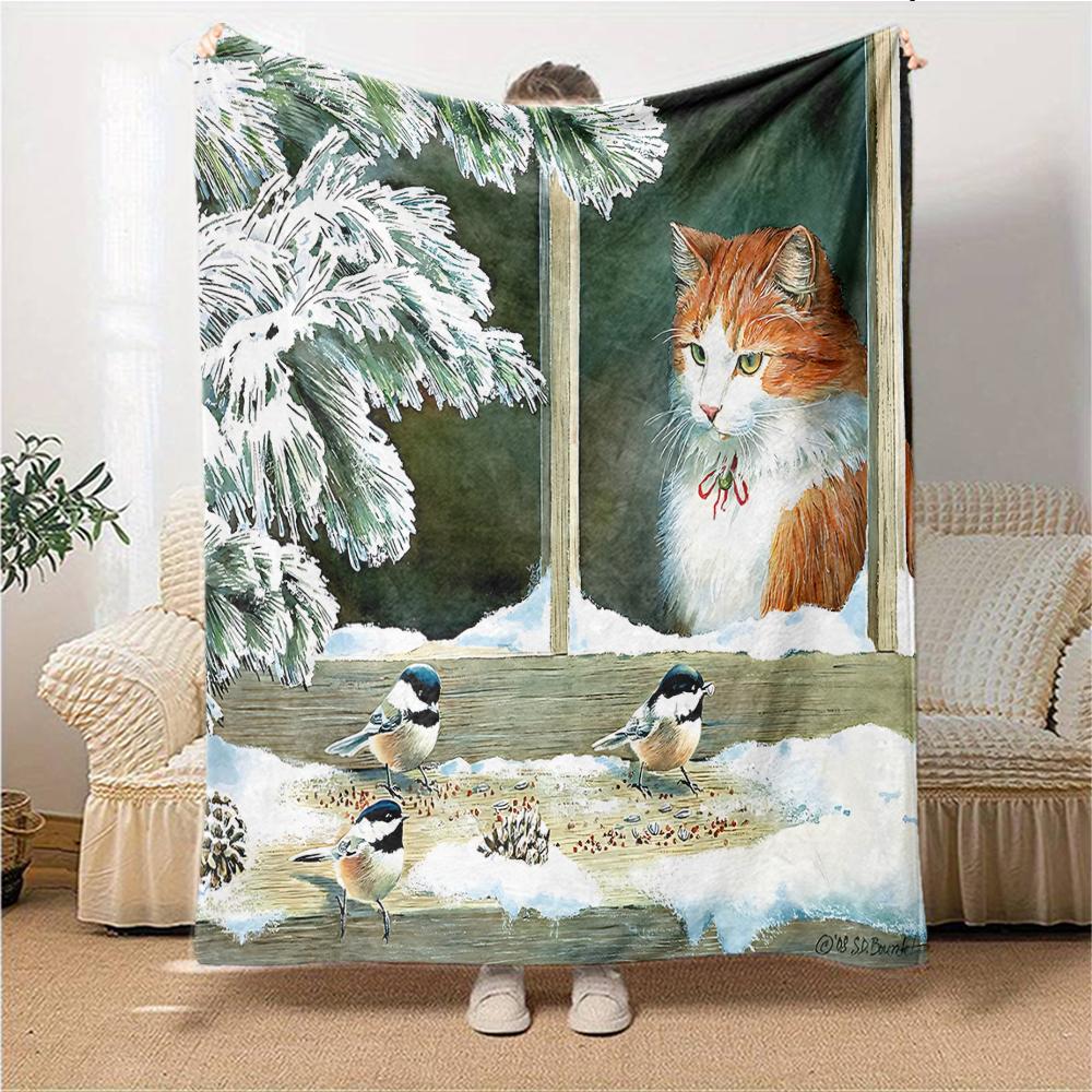 Cat Chickadees Winter Blanket Soft Throw Blanket For Home Bedroom Bed Sofa Travel Office Solid Christmas Blanket