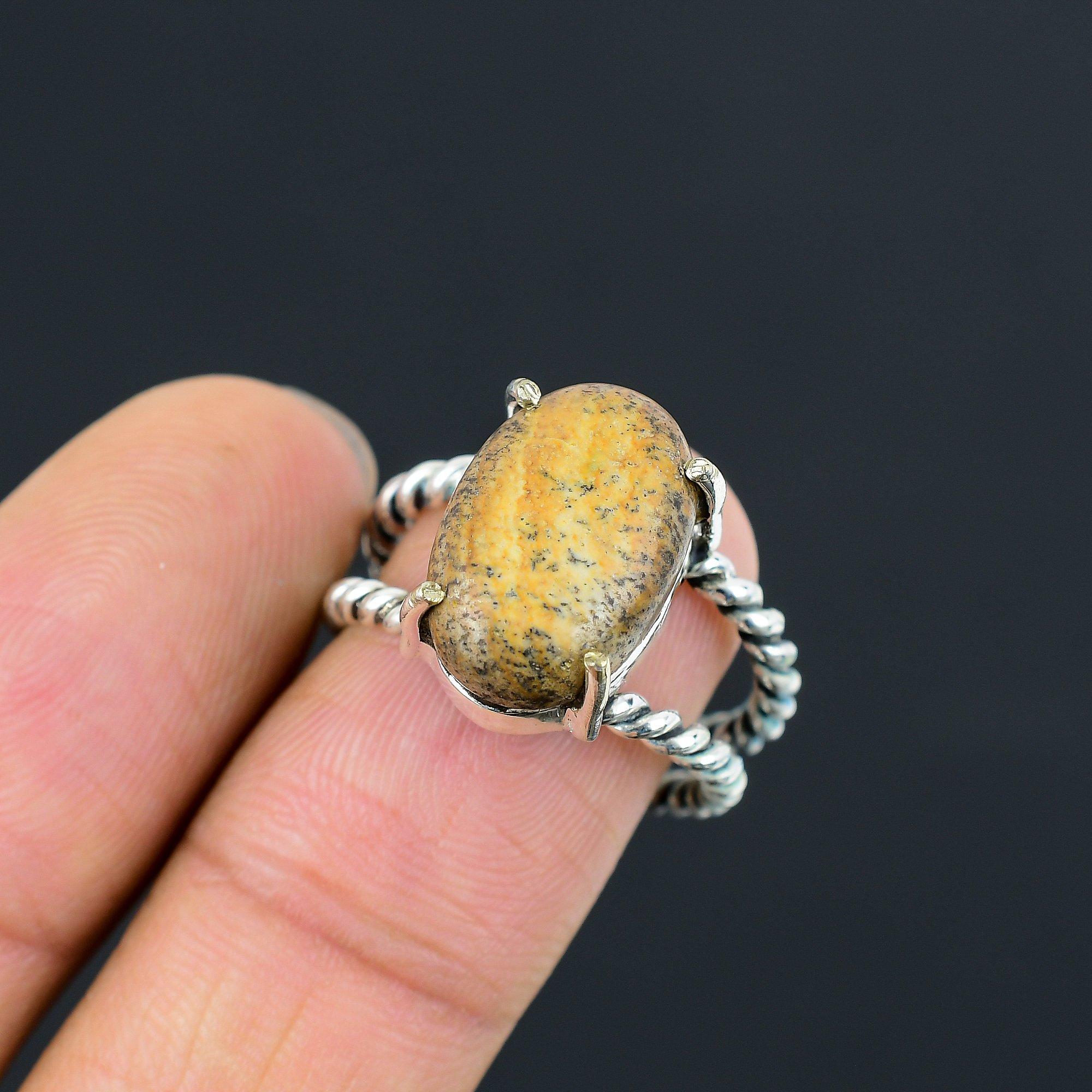 Womens day Deal 925 Silver Oval Natural Picture Jasper Multi Stone Ring Size 8.5 8.5