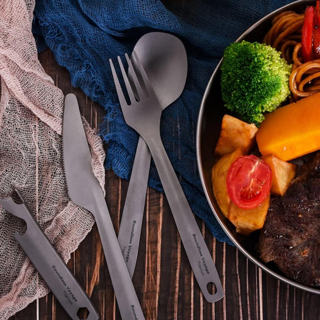 Boundless Voyage Titanium Cutlery Set Spoon Fork Knife Camp Cutlery Made of Titanium Lightweight Sturdy No Rust Compact Cutlery Set Daily Use Solo