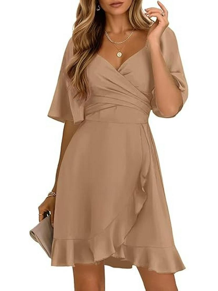 2026 V-Neck Solid Color Ruffle Summer Dress for Women - Stylish Waist-cinching European and American Fashion