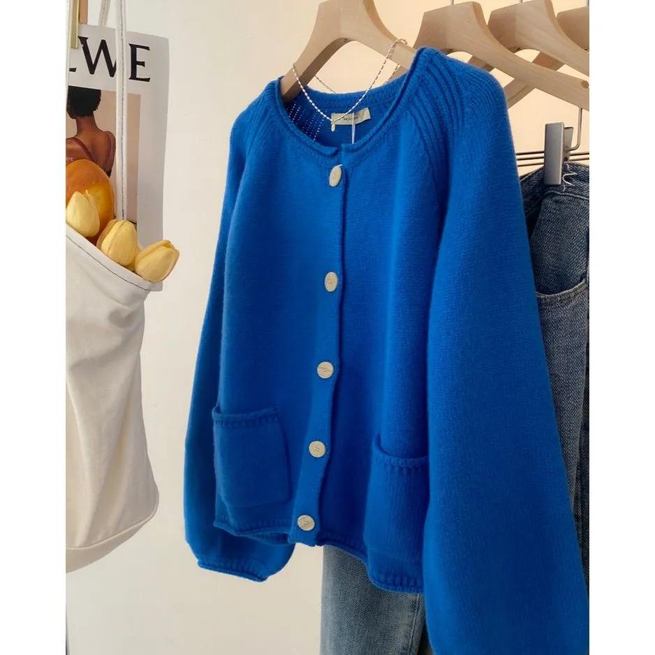 

Женский Дизайнерский Вязаный Кардиган Свитер Чувственность Рукав Фонарик Топ С Круглым Вырезом Верхняя Одежда 2XL синий