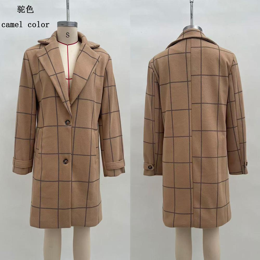 Women's Elegant Mid Length Woolen Coat Vintage Plaid Lapel Collar Casual Overcoat Long Sleeve Check Trench Coat Warm Winter Coat