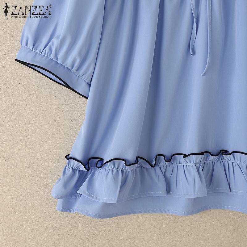ZANZEA Women Lace Up Round Neck Casual Short Sleeve Blouse