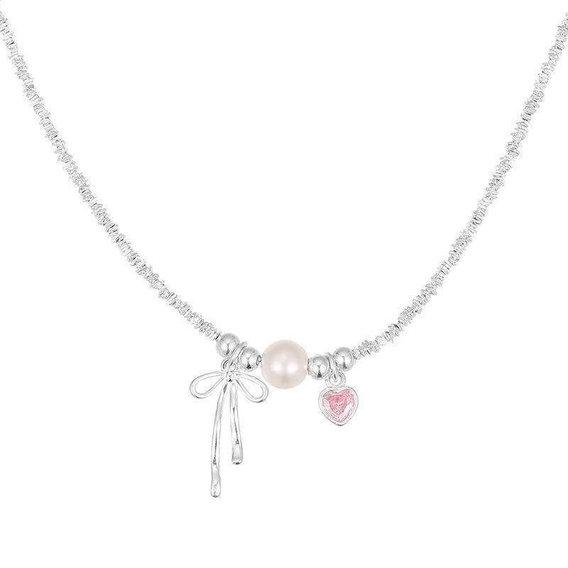Colier cu fundă de balet din argint Banyan Tree S925 cu diamant roz și perlă