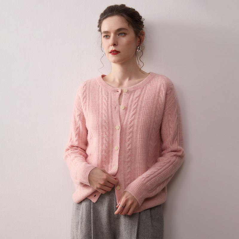 Women's Cashmere Round Neck Knit Cardigan - Autumn/Winter Retro Cable Design