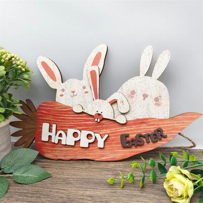 Veľkonočný závesný prívesok Kreslený zajačik a mrkva Tvar Závesný stálofarebný Opakovane použiteľný Drevený Hrubý Proti praskaniu Veranda Záhrada Dverová dekorácia Tabuľka