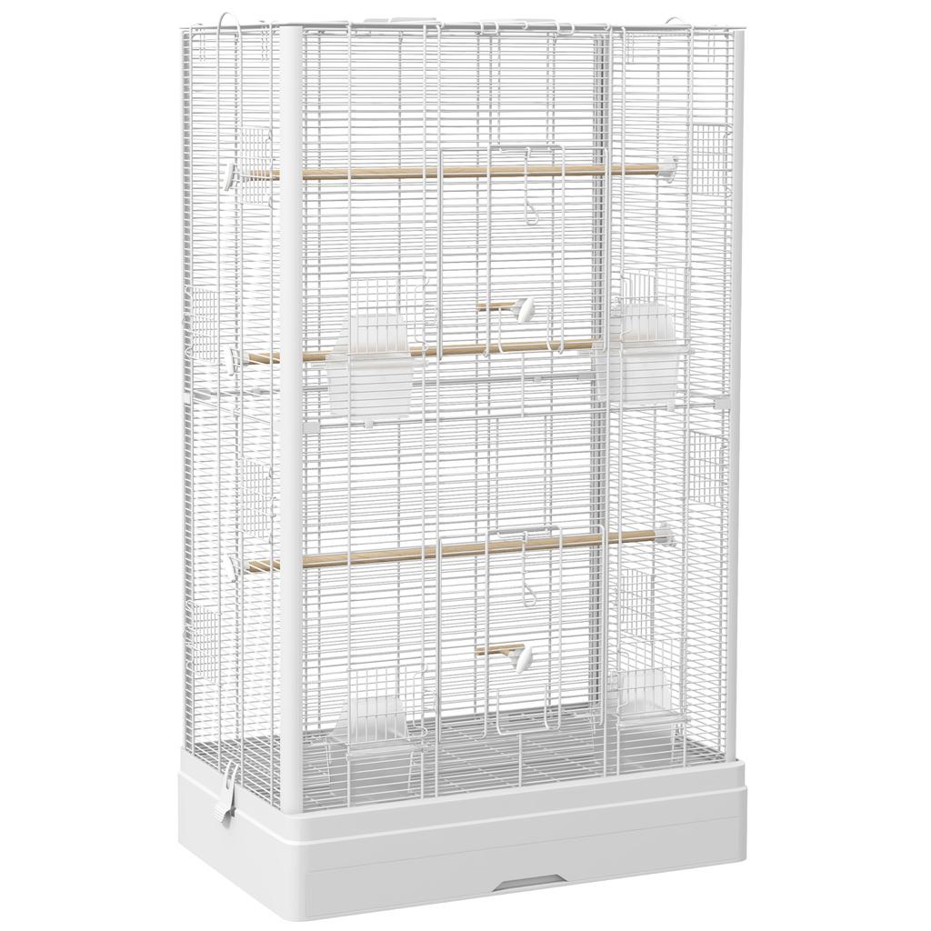 Bird Cage with Removable Tray and Perches, Parrot Aviary, 61x36.5x98 cm, White