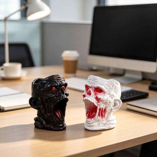 Resin Desk Organizer Gothic Skull Pen Holder, Realistic Zombie Head Makeup Brush Organizer, Large Capacity Desktop Holder Storage Container,