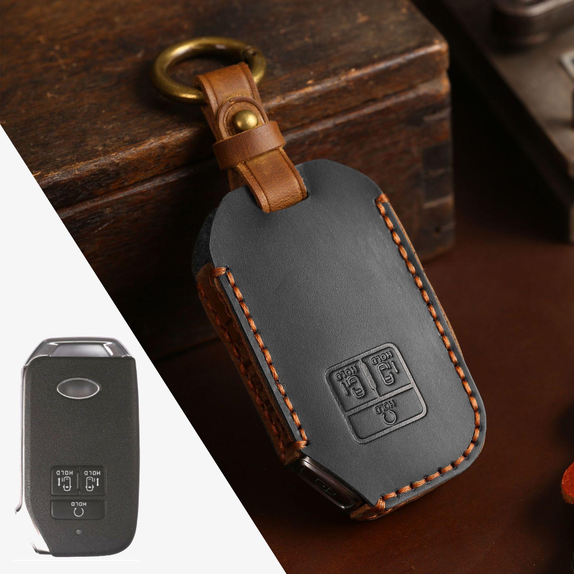 

Чехол для ключа автомобиля подходит для Kia Jiahua, полностью ручной работы, кожаный, деловой, для защиты ключа автомобиля, кольцо-брелок чёрный