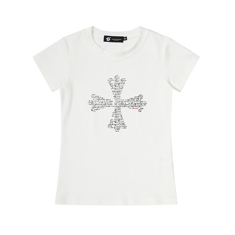American retro cross print front shoulder short-sleeved T-shirt waist slim-fit bottoming shirt Spice girl top women S белый