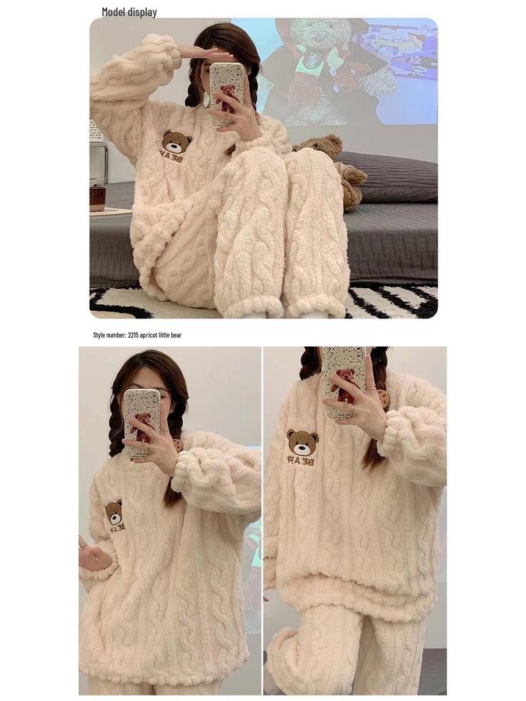 Set de pijama de iarnă din fleece coral pentru femei: Drăguț, Îngroșat, Căptușit cu Velur, Mânecă Lungă, Homewear Larg din Flanel, Purtabil în Exterior