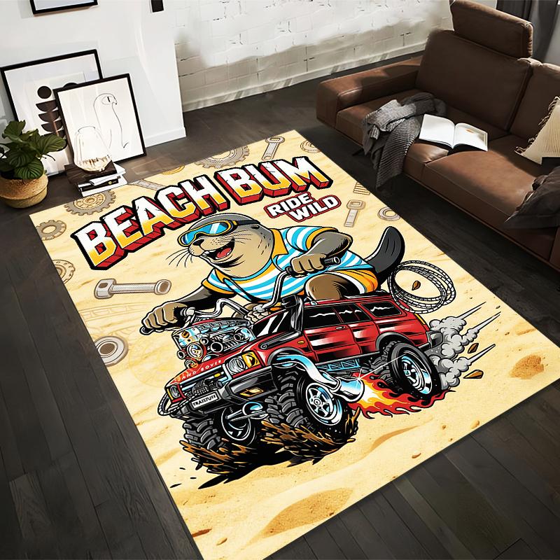 

Beach Bum Cartoon Seal Driving Red Jeep on Beige Background Carpet Suitable for use as an anti-slip for living room bedroom sofas 40x60cm( 15x23in )