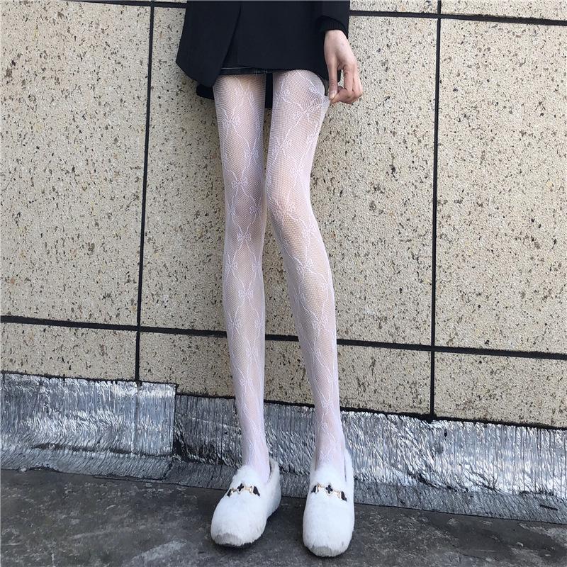 Ciorapi Sexy cu Plasă Florală cu Fundă – Dantelă Albă Transparentă și Ciorapi Pantalon Negri de Mătase