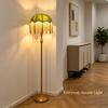 Vintage Tassel Floor Lamp with Dimmable Bulb, Green Velvet Lampshade Standing Lamp with Beaded Fringe, Golden Metal Pole Base, Retro Decorative Floor