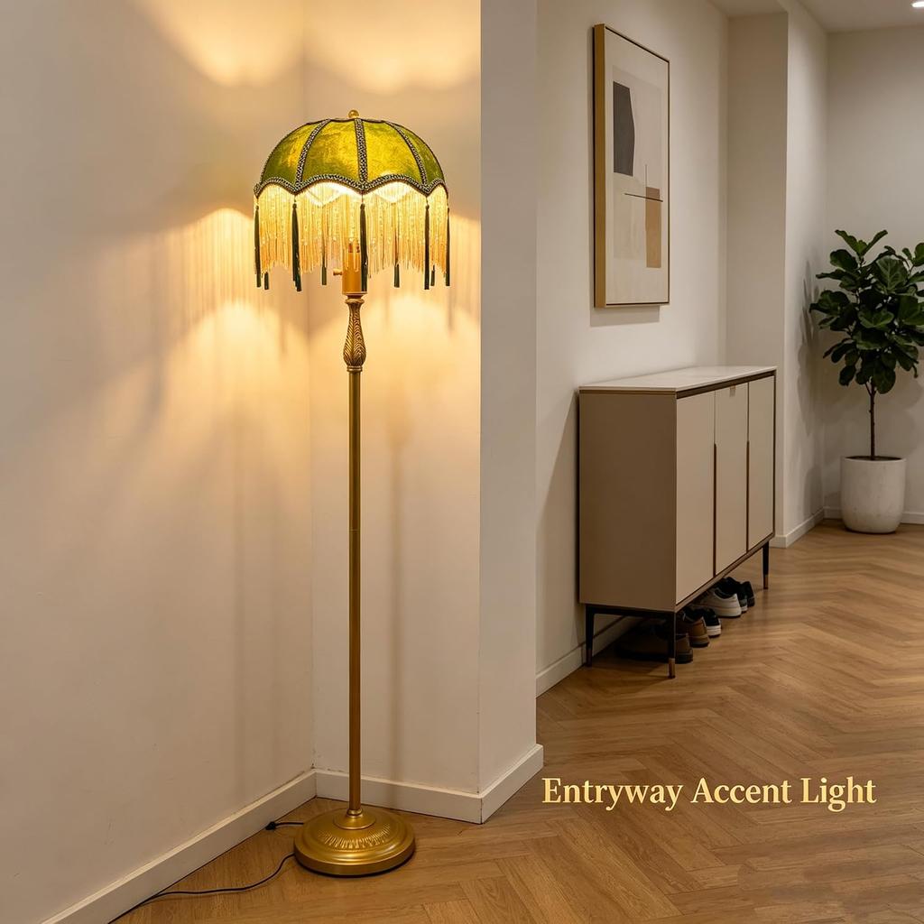 Vintage Tassel Floor Lamp with Dimmable Bulb, Green Velvet Lampshade Standing Lamp with Beaded Fringe, Golden Metal Pole Base, Retro Decorative Floor