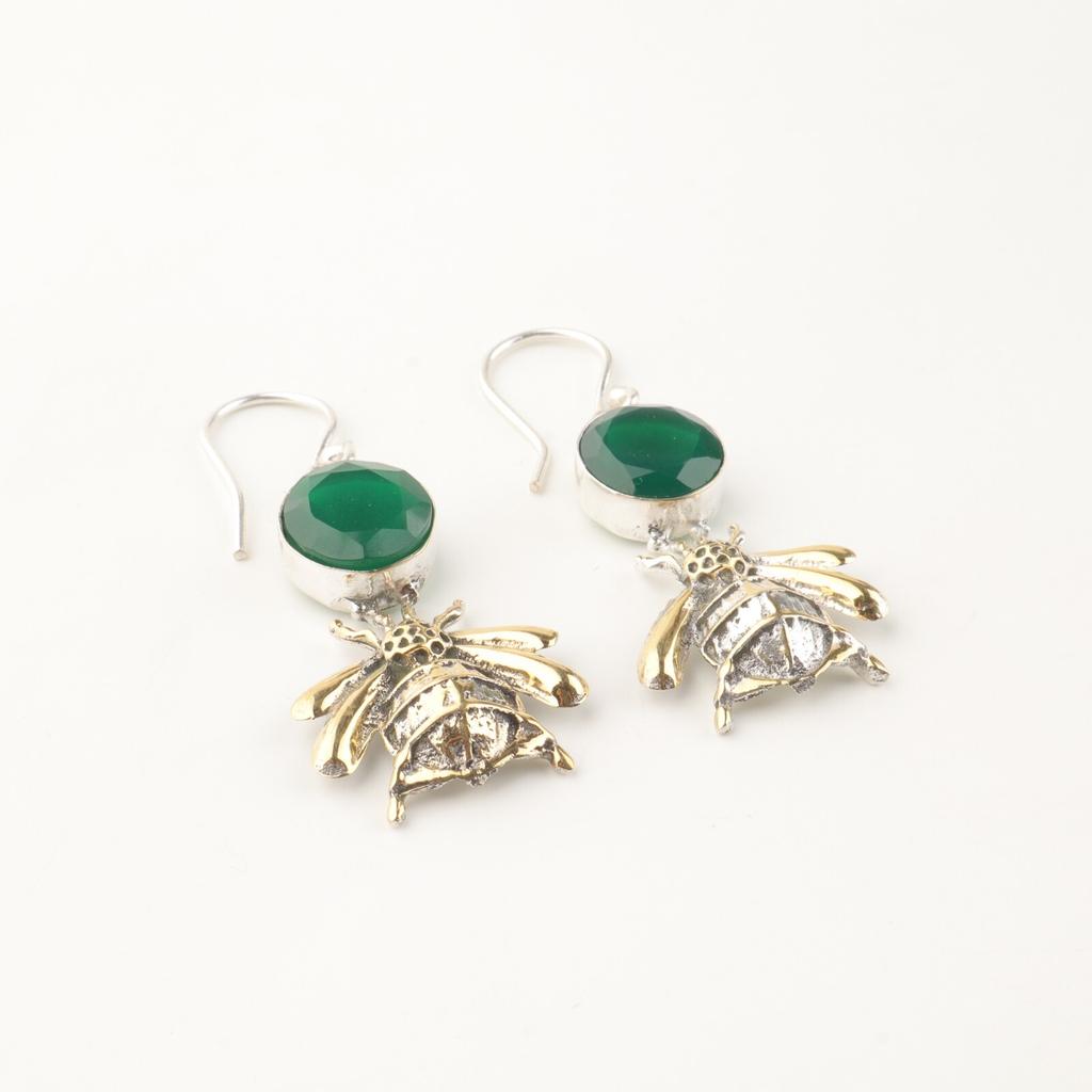 925 Sterling Silver Handcrafted Natural Green Onyx Gemstone Dangle Earrings 2" EE-154-17