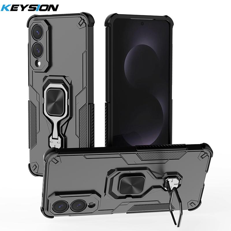 KEYSION Shockproof Case for Samsung S25 Edge 5G Soft Silicone+PC Upright Metal Ring Stand Phone Back Cover for Galaxy S25 Edge