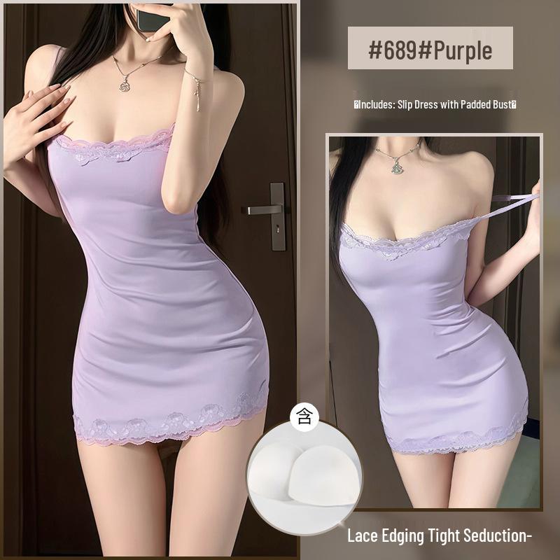 Xianyi Pure Desire Lace Splice Sexy Bodycon Sling Dress - Solid Color Sleepwear 689