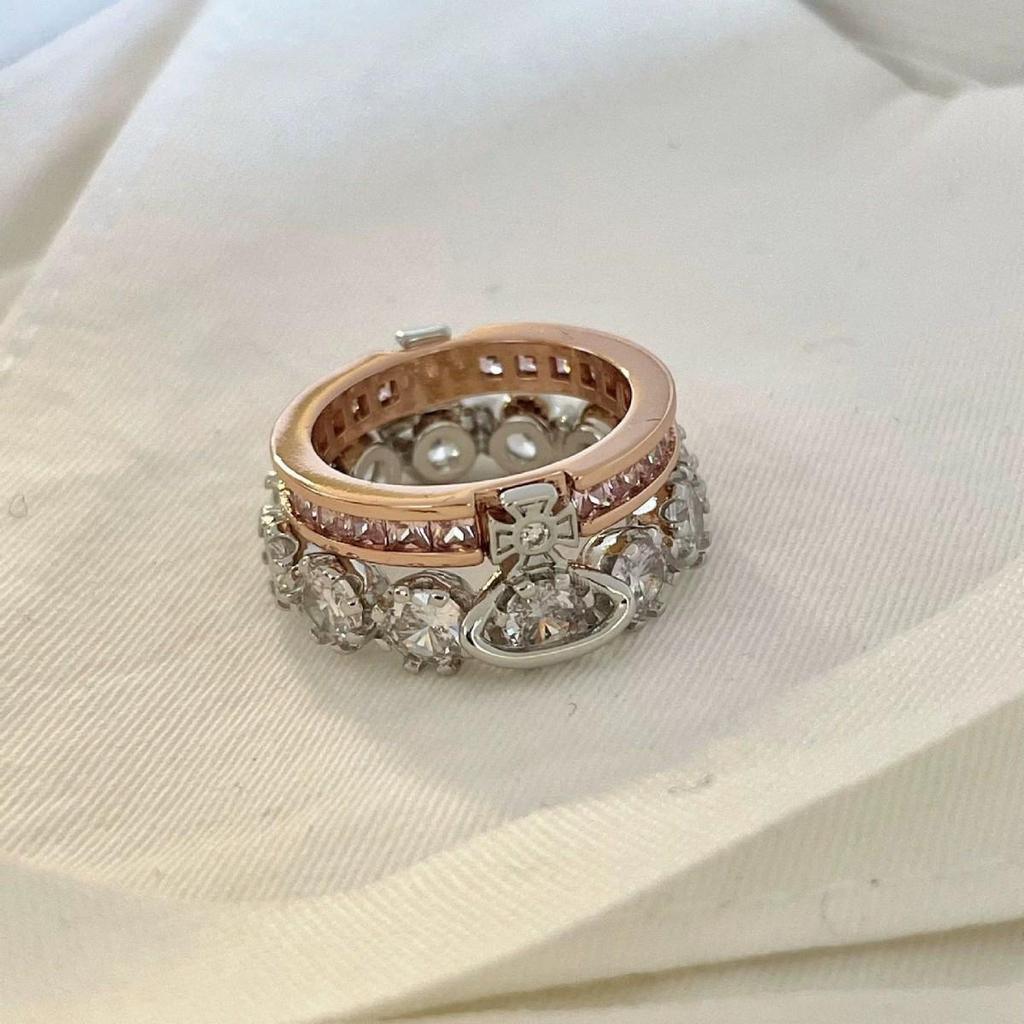 Kaiserinwitwe Saturn Zirkon Doppellagig Abnehmbare Diamantkrone Partnerring - Damen Luxus Stapelbares Design