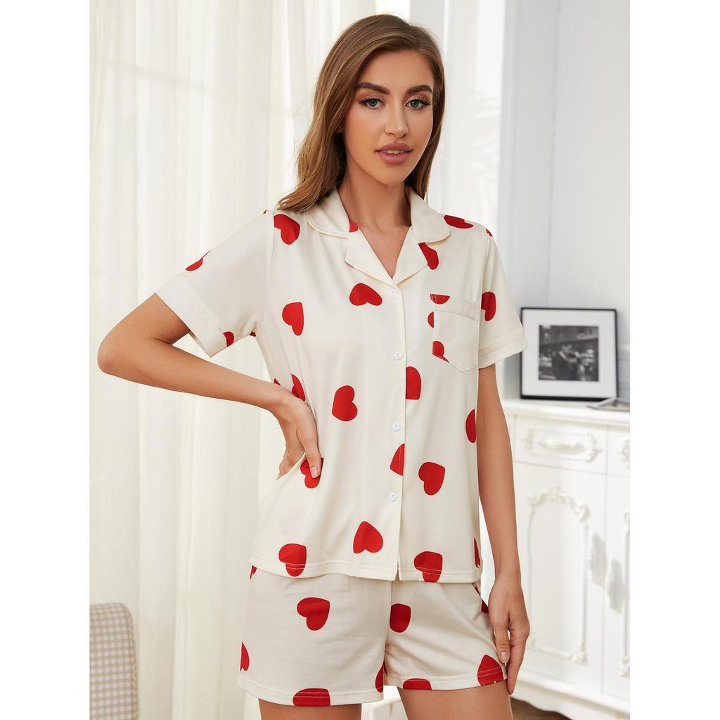 Damen Homewear Frühling und Sommer Love Print Bequeme Kurzarmshorts Zweiteiliger Pyjama