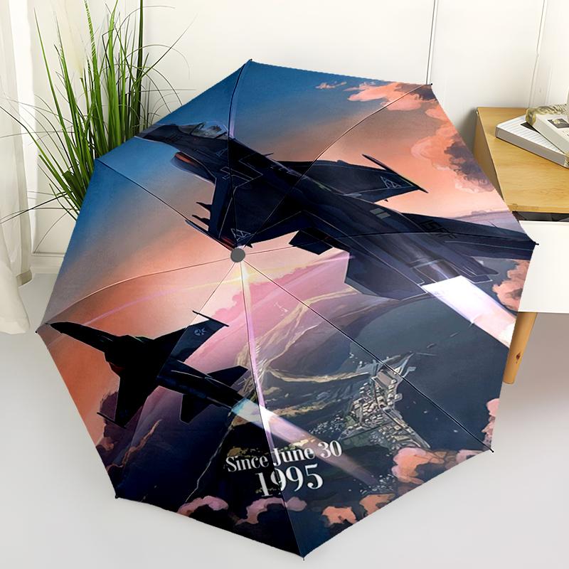 1pc Airplane Theme Pattern Umbrella Portable Folding Umbrella Iron Frame Hole Bone Structure Outdoor Home Umbrella