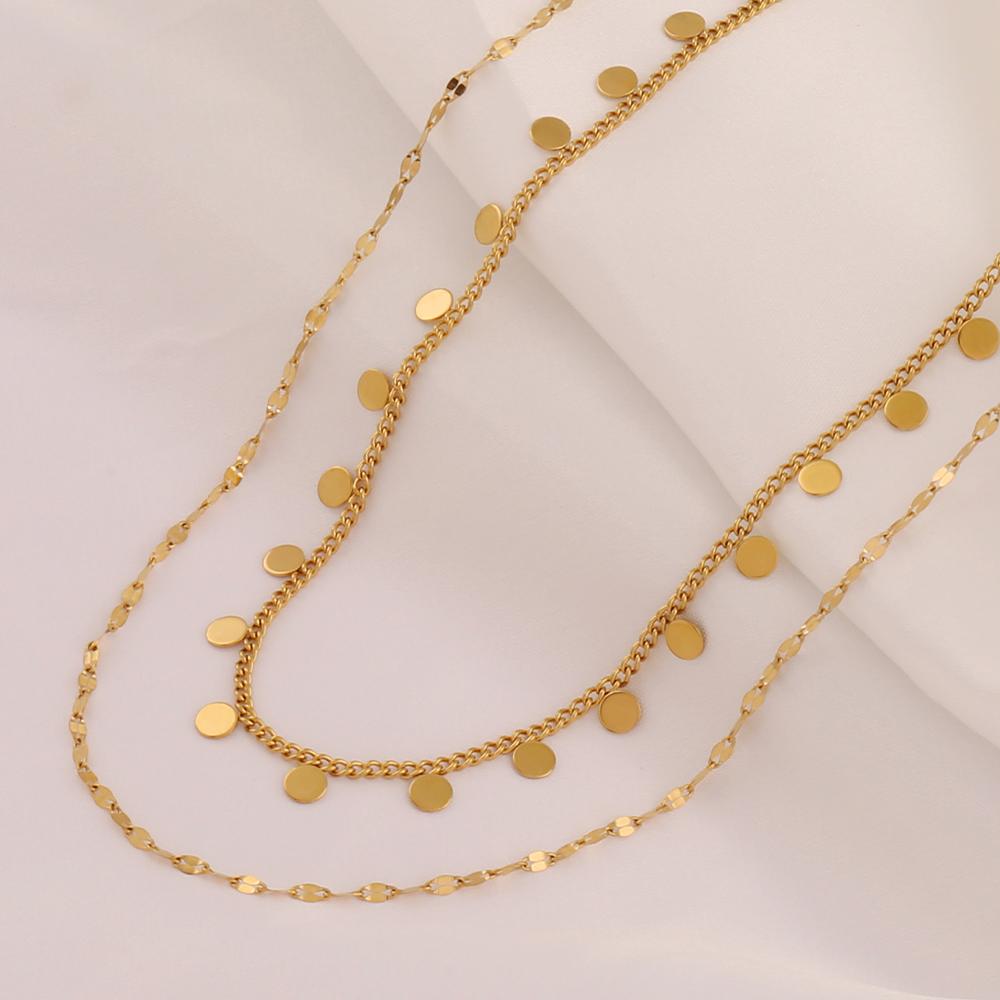 316L Stainless Steel Double Layered Round Coin Pendant Necklace For Women Fashion Simple Lip Chain Necklaces Female Jewelry Gift