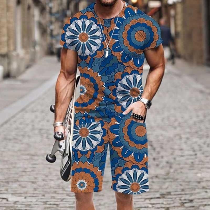 Summer Fashion Casual Men's Suit Vintage Pattern 3D Printed Sportswear Short-sleeved Suit Oversized Round Neck T-shirt Shorts 2-piece