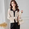 Women's Spring & Autumn Color-Block Collared Knit Cardigan High-End Outer Wear Stylish Top Sweater Short Jacket