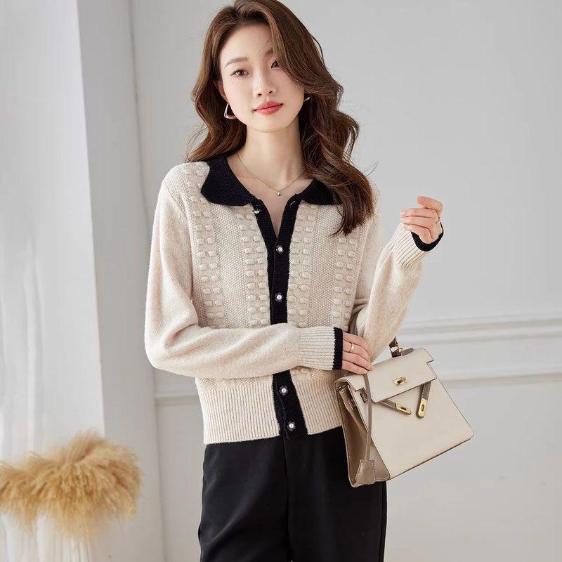 Women's Spring & Autumn Color-Block Collared Knit Cardigan High-End Outer Wear Stylish Top Sweater Short Jacket