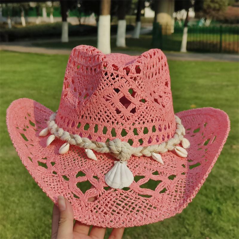 Cowboy Straw Hat for Women Fashion Seashell Straw Cowboy Hat Beach Summer Cowboy Sunshade Jazz Hat Sombrero Vaquero Hombre