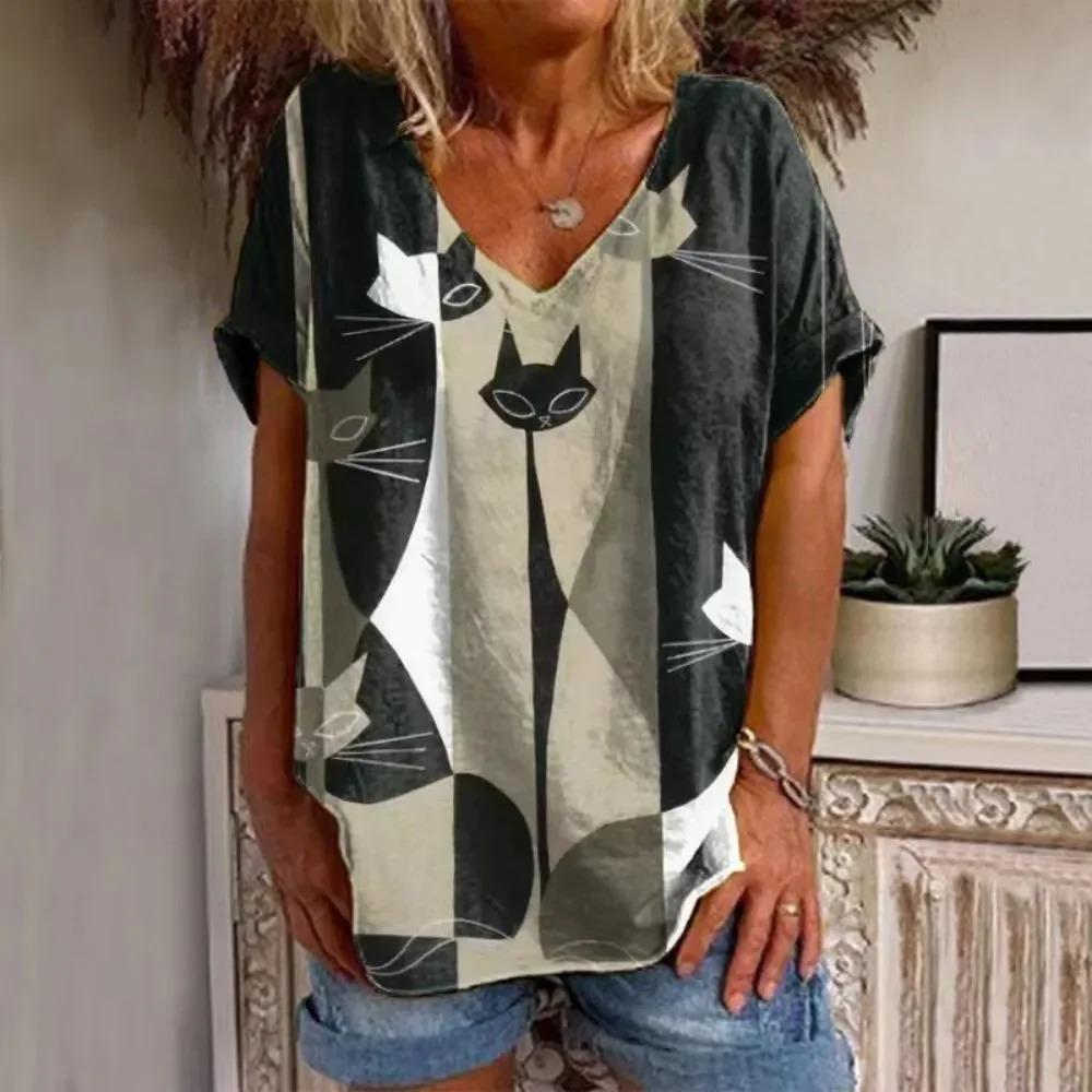 Retro frauen T Shirt Anime Katze Grafik Mädchen Kleidung Sommer V-ausschnitt Kurzarm Tees Weibliche Harajuku Streetwear Übergroße Bluse