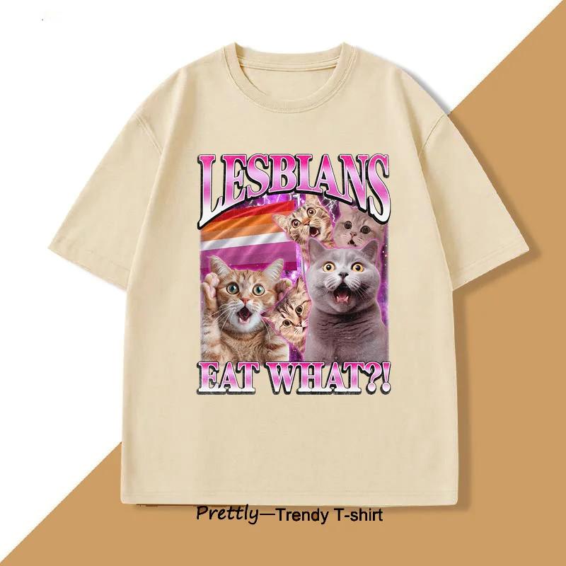 Lesben essen was T-Shirt Lustige Katze Pride T-Shirt LGBTQ T-Shirt Meme Vintage Katzenliebhaber T-Shirt Rundhals Damen Kurzarm T-Shirts