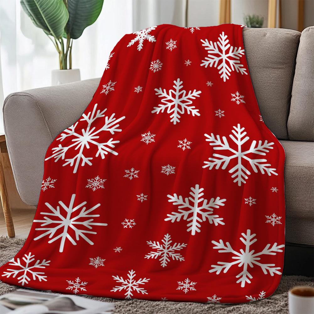 White Snowflake Print Throw Blanket - Festive Winter Holiday Motif Soft Lightweight Accent for Sofa Bed Travel Office Gift