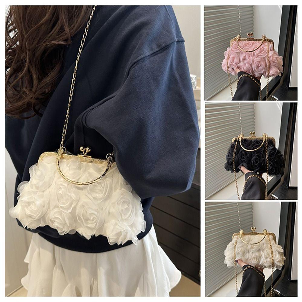 Fashion Polyester Fiber Evening Bags Chain Chiffon Banquet Bag 3D Flower Crossbody Bag Women