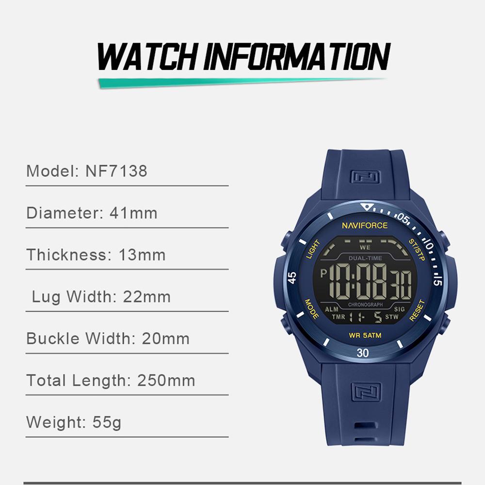 NAVIFORCE Original DIgital Watch Men LCD Display Calendar Date Chronograph Alarm Night Pattern Silicone Strap Waterproof Boys Watch NF7138