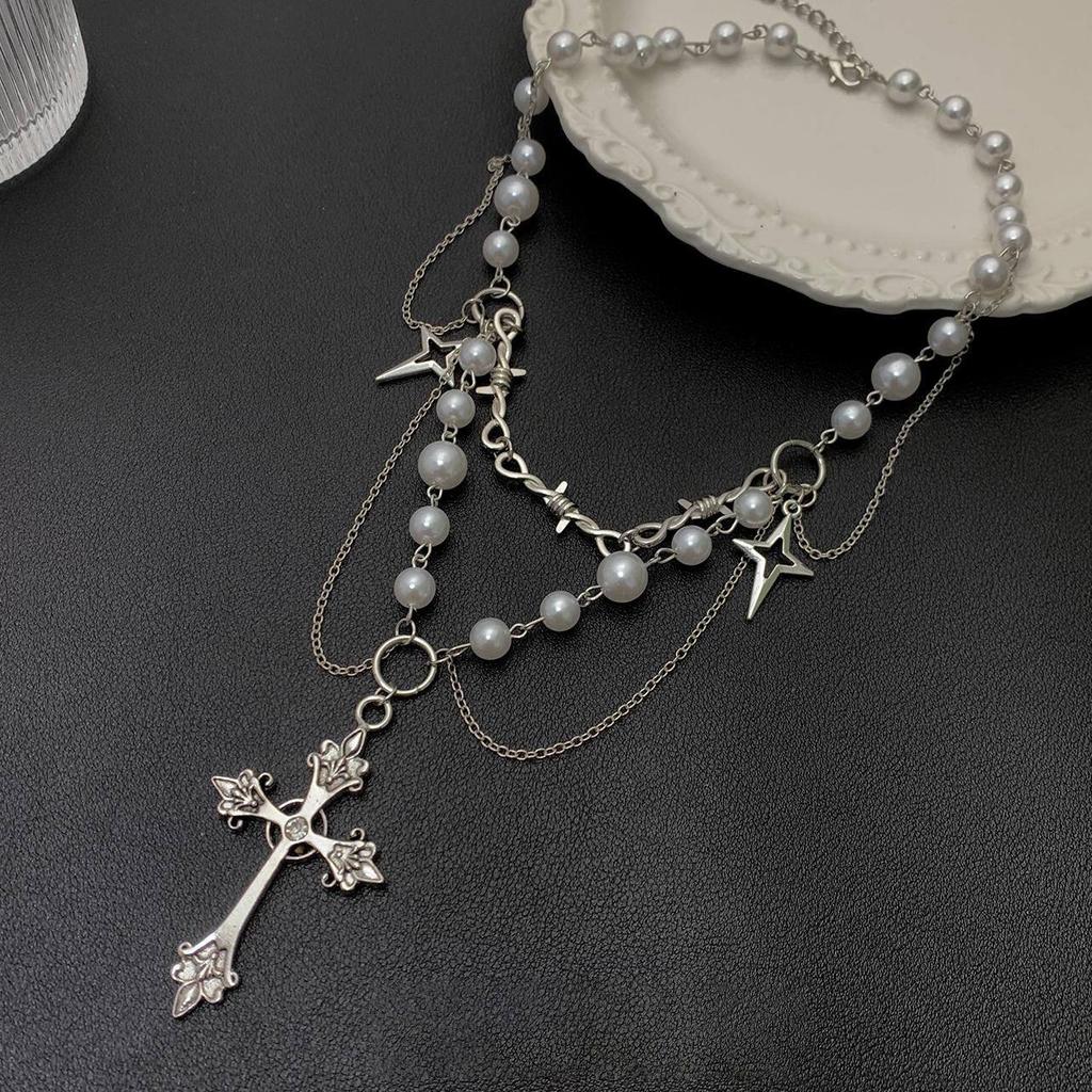 Gothic Punk Style Y2k Bead Cross Pendant Necklace Women's Multi-layer Retro Trendy Accessory Jewelry