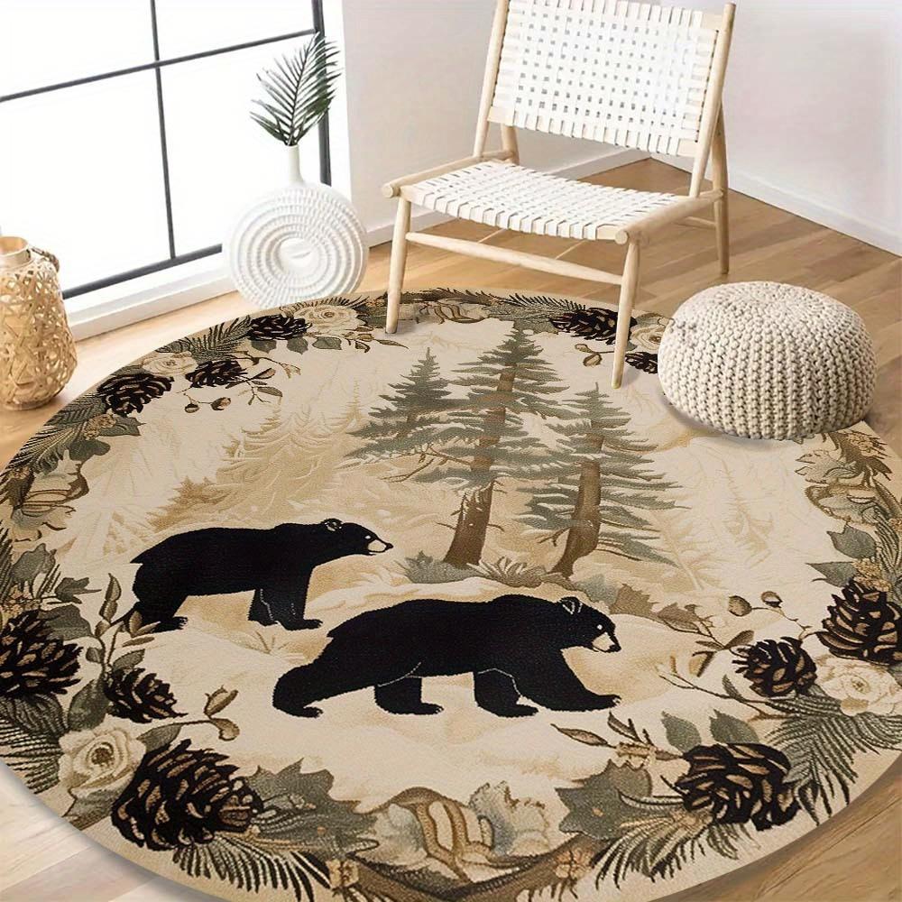 Vintage Black Bear Forest Mat, Non-Slip Wildlife Decor with Two Bears, Nature-Inspired Rug for Cabin, Entryway, Office