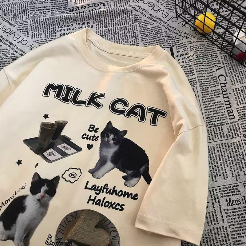 Funny Cat Printed T-shirt for Men and Women The Same Summer China-Chic Five Part Sleeve Cotton Loose Shoulder Sleeve