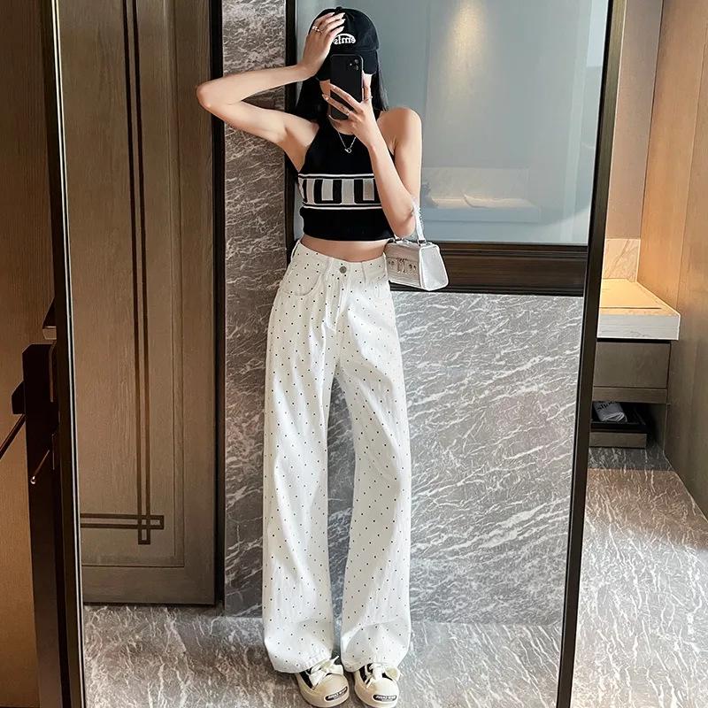 2024 Autumn Women's High Waist Polka Dot Wide Leg Jeans - Petite, Floor Length