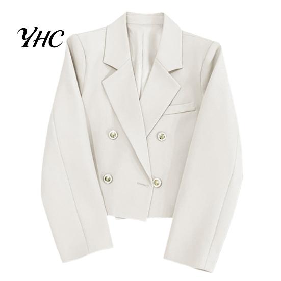 Double-breasted Blazer Spring Women Solid Color Cropped Lapel Long Suit Coat Sleeve Double Breasted Office Jacket Workwear M