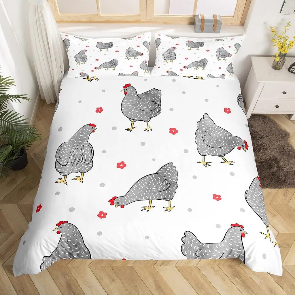 Cute Chicken Duvet Cover King Queen Colorful Rooster Bedding Collection Farm Animal Comforter Cover Funny Rustic Farmhouse Quilt Cover