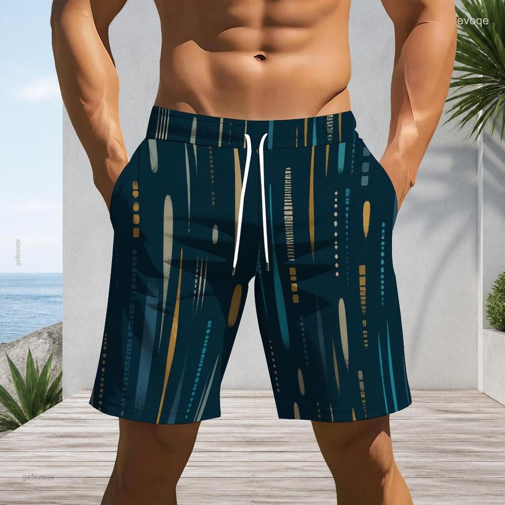 Men s Plus Size Multicolor Printed Beach Shorts Drawstring Waist Side Pockets Straight Leg